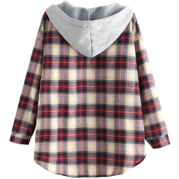 Plaid Fleece Lined Hooded Jacket Button Up Oversized Fuzzy Coat Checkered - Picture 2 of 5